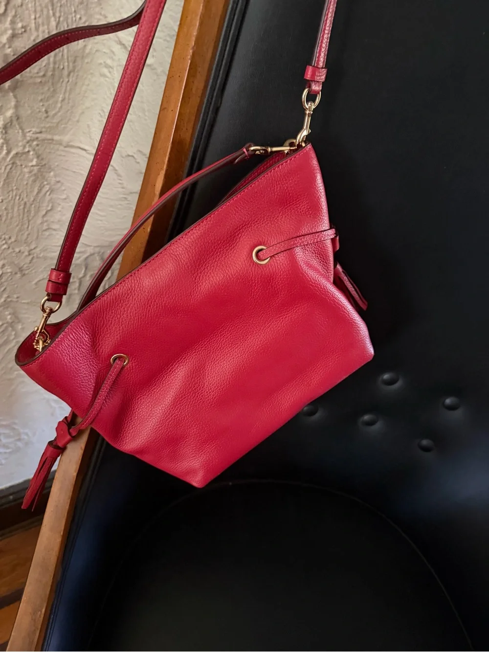 Coach Red Pebbled Leather Shoulder Bag with Gold Chain Detail